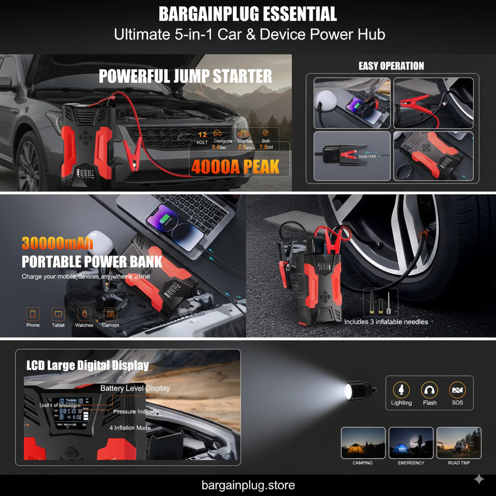 Car Jump Starter, 4000A Peak 30000Mah 150PSI Tire Inflator Digital Display LED Light