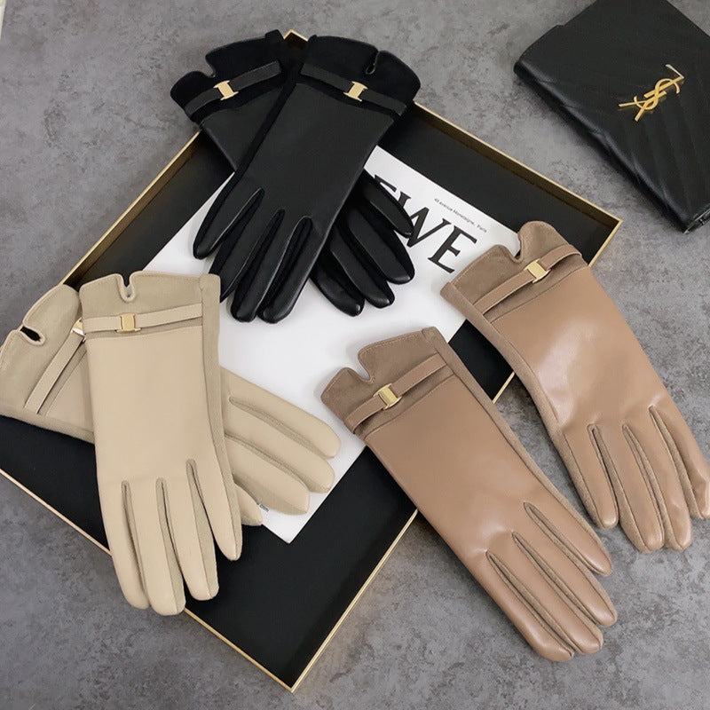 Winter Fleece-Lined PU Leather Touchscreen Gloves